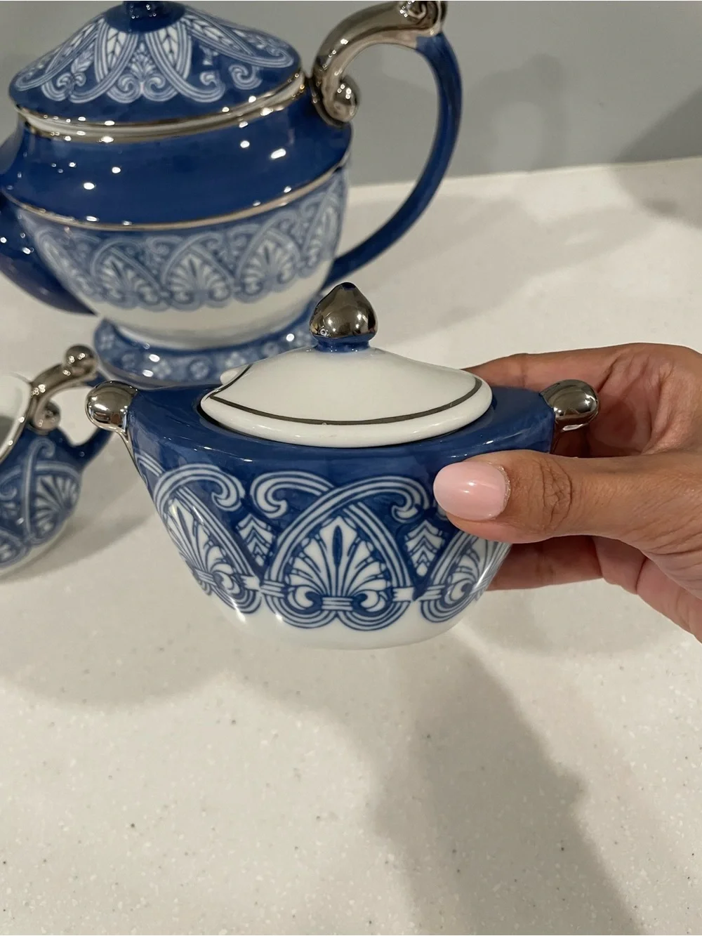 Bombay Blue & White Porcelain Tea Set – Teapot, Creamer & Lidded Sugar Bowl